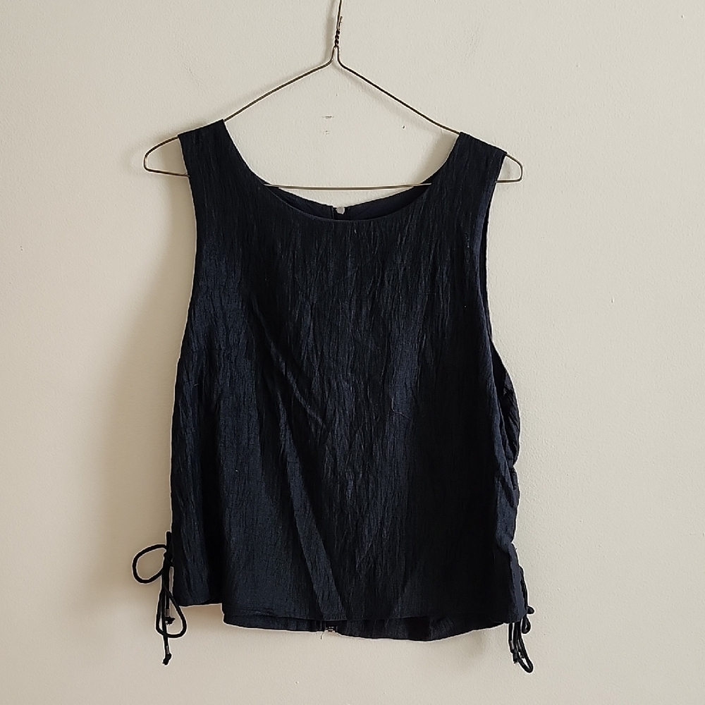 Maeve Anthropologie Black Side Ruched Tie Zipper Back Structured Linen Tank Top